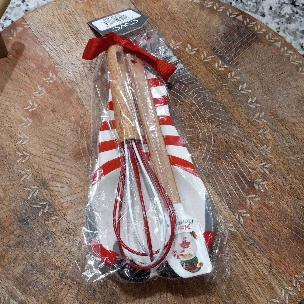 CWC 3-pc. Holiday Baking Tools Set In Red / White Spoon Rest| Spatula | Wihisk